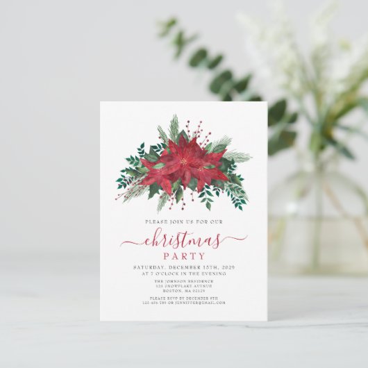 Elegant Red Poinsettia Floral-kerstfeest Uitnodiging Briefkaart (Staand voorkant)