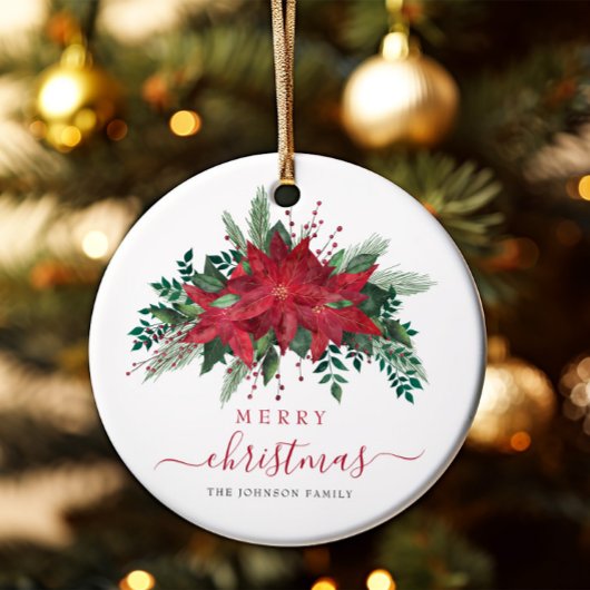 Elegant Red Poinsettia Floral Merry kerst Keramisch Ornament