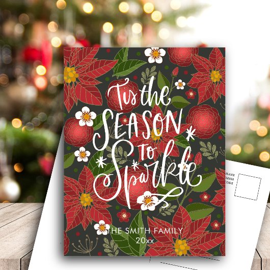 Elegant Red Poinsettia Floral modern Script Chic H Feestdagenkaart