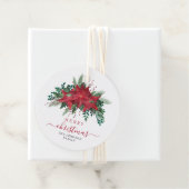 Elegant Red Poinsettia Floral Script Bedankjes Labels (In situ)