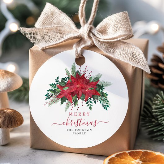 Elegant Red Poinsettia Floral Script Bedankjes Labels
