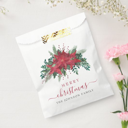 Elegant Red Poinsettia Floral Script Bedankzakje (Gezegeld)