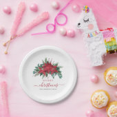 Elegant Red Poinsettia Floral Script Papieren Bordje (Feest)