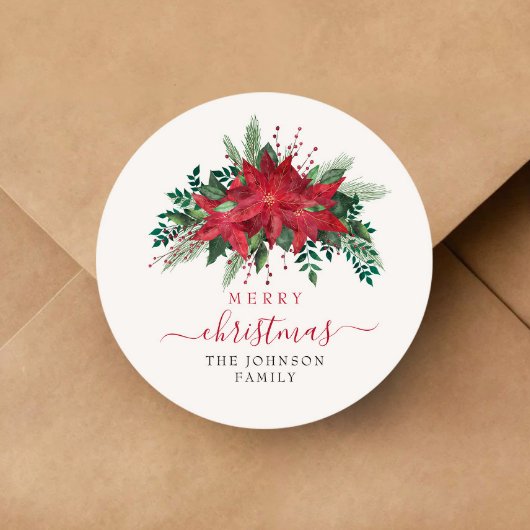 Elegant Red Poinsettia Floral Script Ronde Sticker