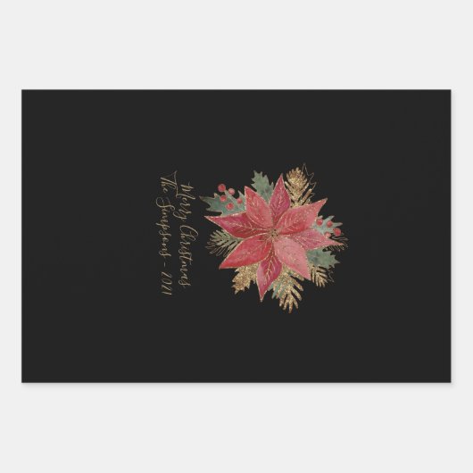 Elegant Red Poinsettia Flower Gold kerstbomen Inpakpapier Vel (Voorkant)