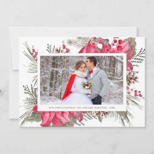 Elegant Red Poinsettia Foto van ons eerste kerstfe Feestdagenkaart (Voorkant)