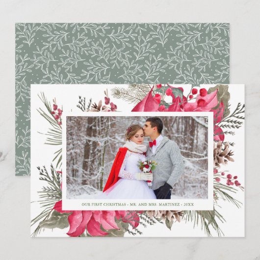 Elegant Red Poinsettia Foto van ons eerste kerstfe Feestdagenkaart (Voorkant / Achterkant)