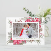 Elegant Red Poinsettia Foto van ons eerste kerstfe Feestdagenkaart (Staand voorkant)