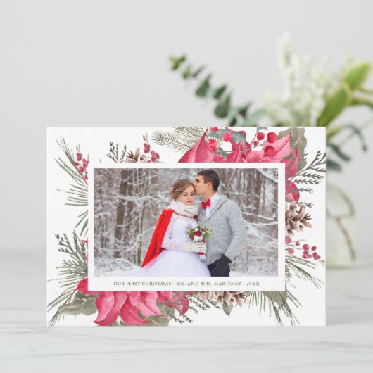 Elegant Red Poinsettia Foto van ons eerste kerstfe Feestdagenkaart (Staand voorkant)