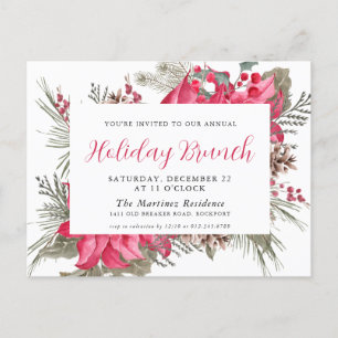 Elegant Red Poinsettia Holiday Brunch Uitnodiging