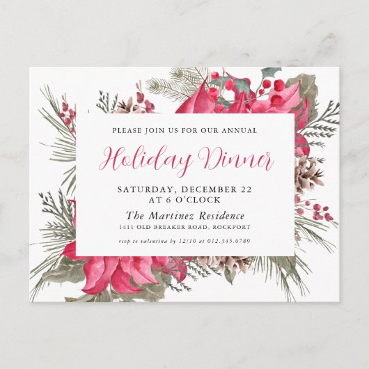Elegant Red Poinsettia Holiday Dinner Invitation Briefkaart (Voorkant)
