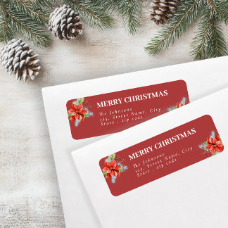 Elegant Red Poinsettia Holiday Return Address Etiket