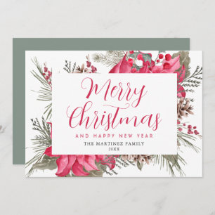 Elegant Red Poinsettia Holly Kerstmis Feestdagenkaart