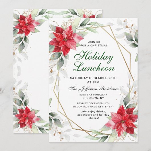 Elegant Red Poinsettia Kerstfeestdag Luncheon Kaart (Voorkant / Achterkant)