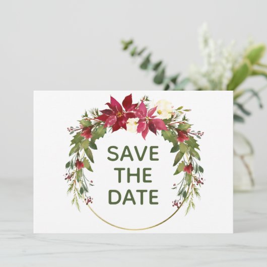 Elegant Red Poinsettia Kerstmis bespaart de datum Kaart (Staand voorkant)