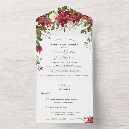 Elegant Red Poinsettia Kerstreheasal Dinner All In One Uitnodiging (Binnen)
