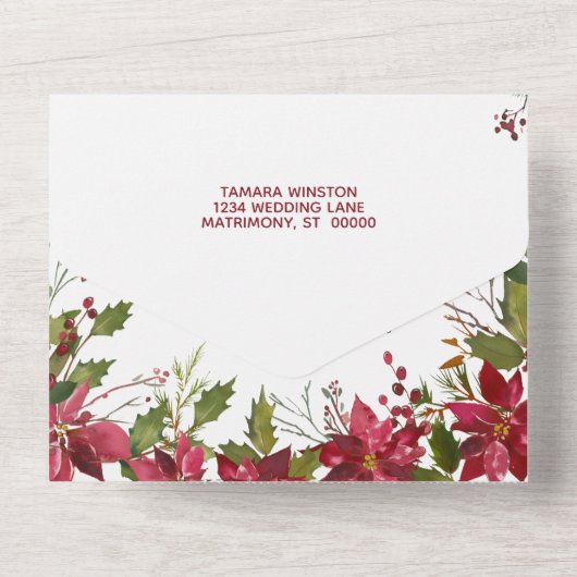 Elegant Red Poinsettia Kerstreheasal Dinner All In One Uitnodiging (Achterkant)