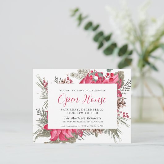 Elegant Red Poinsettia Open House Invitation Briefkaart (Staand voorkant)