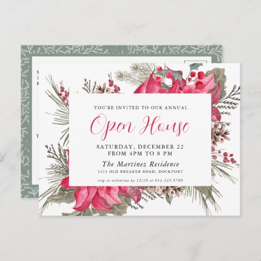 Elegant Red Poinsettia Open House Invitation Briefkaart (Voorkant / Achterkant)