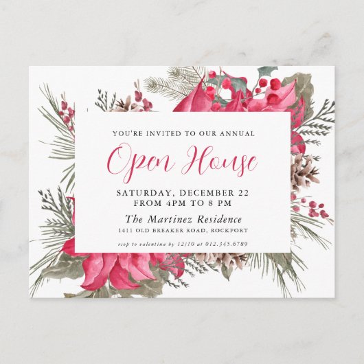 Elegant Red Poinsettia Open House Invitation Briefkaart (Voorkant)