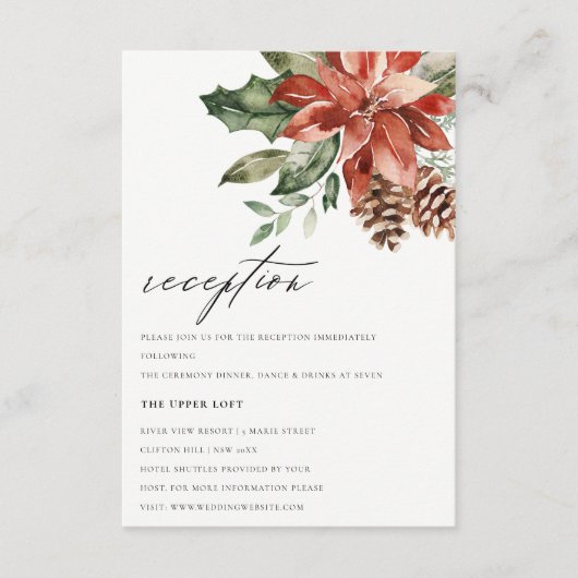 Elegant Red Poinsettia Pine Cone Weddenschap Informatiekaartje (Voorkant)