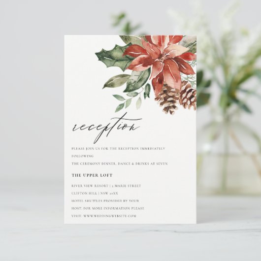 Elegant Red Poinsettia Pine Cone Weddenschap Informatiekaartje (Staand voorkant)