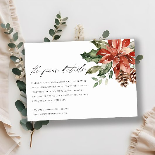 Elegant Red Poinsettia Pine Cone Wedding Details Informatiekaartje
