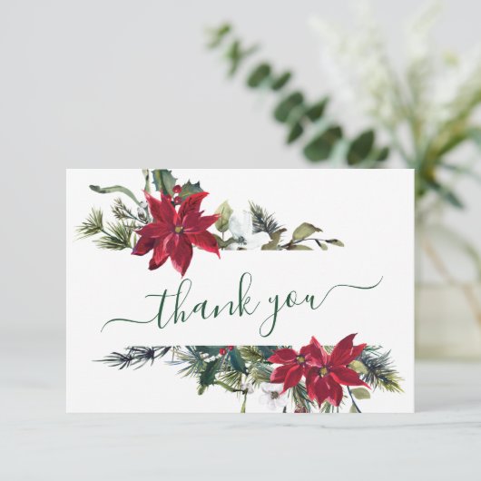 Elegant Red Poinsettia Pine Fir Waterverf Bedankkaart (Staand voorkant)