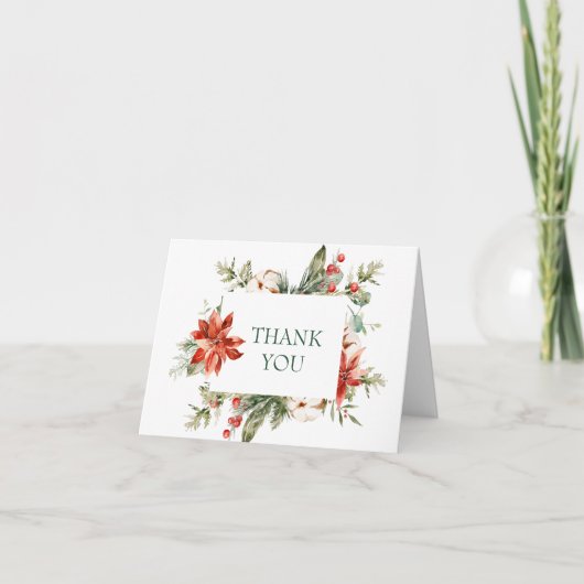Elegant Red Poinsettia Pine Fir Waterverf Dank je Bedankkaart (Voorkant)
