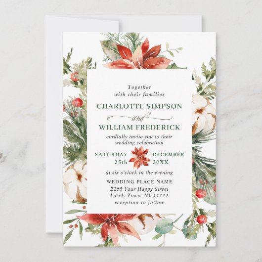 Elegant Red Poinsettia Pine Fir Waterverf Wedding Kaart (Voorkant)