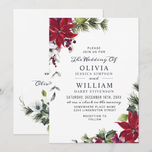 Elegant Red Poinsettia Pine Fir Waterverf Wedding Kaart (Voorkant / Achterkant)