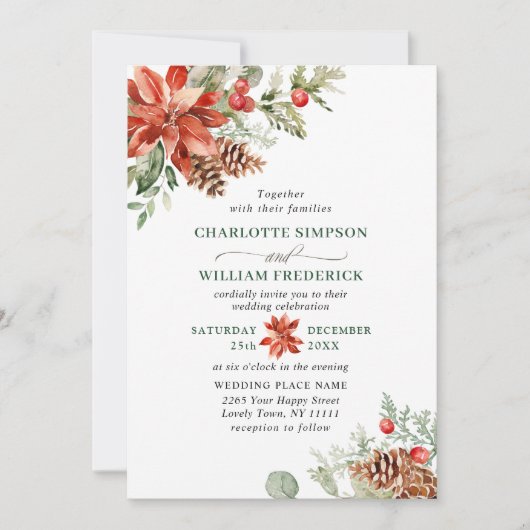 Elegant Red Poinsettia Pine Fir Waterverf Wedding Kaart (Voorkant)