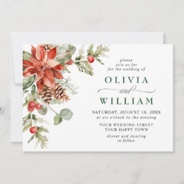 Elegant Red Poinsettia Pine Fir Waterverf Wedding Kaart