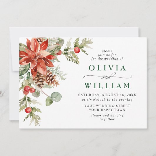 Elegant Red Poinsettia Pine Fir Waterverf Wedding Kaart (Voorkant)