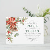 Elegant Red Poinsettia Pine Fir Waterverf Wedding Kaart (Staand voorkant)