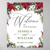 Elegant Red Poinsettia Pine Fur Weddenschap Welkom Poster (Voorkant)