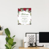 Elegant Red Poinsettia Pine Fur Weddenschap Welkom Poster (Thuiskantoor)