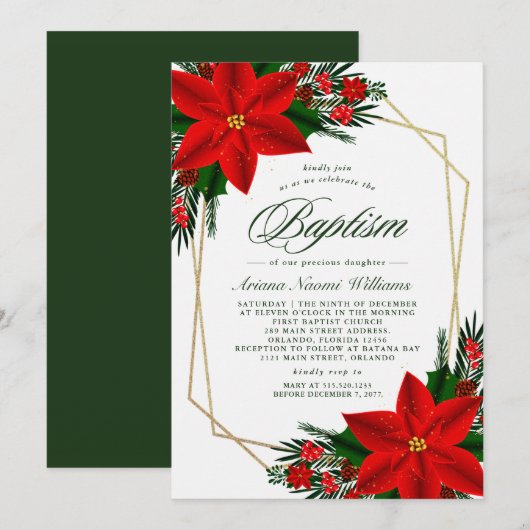 Elegant Red Poinsettia Pine Greenery Baptisme Kaart (Voorkant / Achterkant)