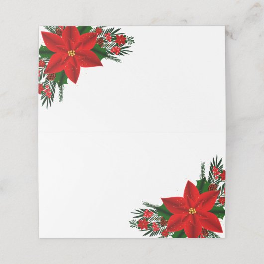 Elegant Red Poinsettia Pine Greenery Kerstmis Plaatskaartje (Buitenkant ongevouwen)