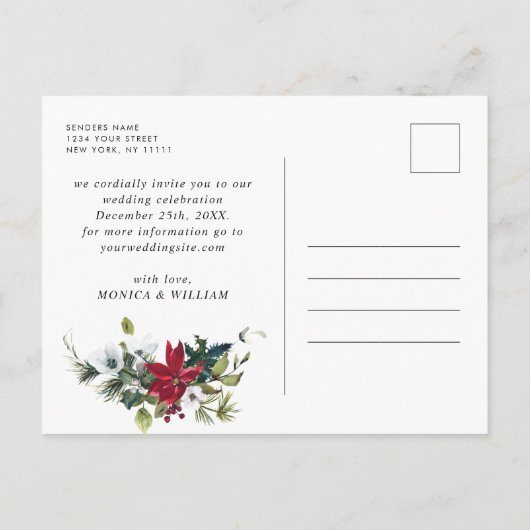Elegant Red Poinsettia Pine Wedding Save the Date Aankondigingskaart (Achterkant)