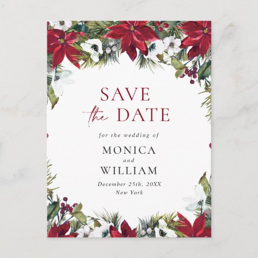 Elegant Red Poinsettia Pine Wedding Save the Date Aankondigingskaart (Voorkant)