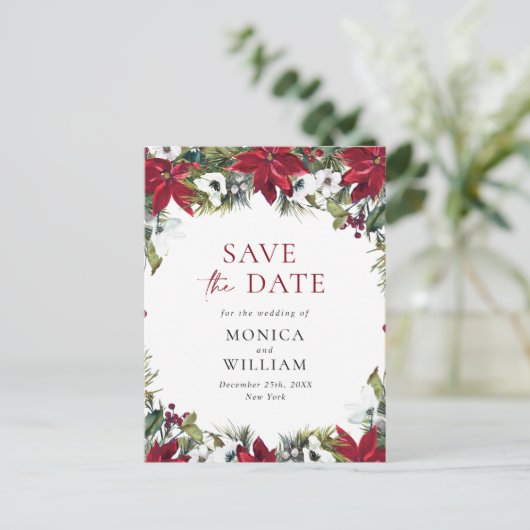 Elegant Red Poinsettia Pine Wedding Save the Date Aankondigingskaart (Staand voorkant)