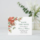 Elegant Red Poinsettia Pine Wedding Save the Date Briefkaart (Staand voorkant)