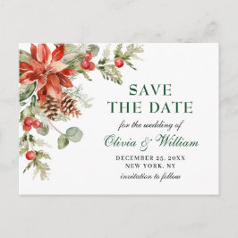 Elegant Red Poinsettia Pine Wedding Save the Date Briefkaart