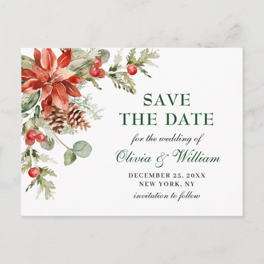 Elegant Red Poinsettia Pine Wedding Save the Date Briefkaart (Voorkant)