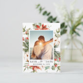 Elegant Red Poinsettia Pine Wedding Save the Date Briefkaart (Staand voorkant)