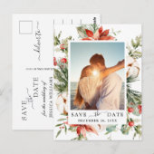 Elegant Red Poinsettia Pine Wedding Save the Date Briefkaart (Voorkant / Achterkant)