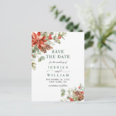 Elegant Red Poinsettia Pine Wedding Save the Date Briefkaart (Staand voorkant)
