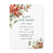 Elegant Red Poinsettia Pine Wedding Save the Date