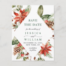 Elegant Red Poinsettia Pine Wedding Save the Date